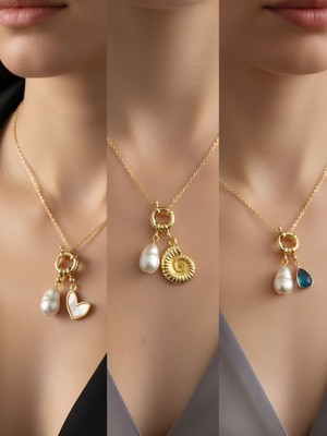 NKT Collection Turkuaz Damla Deniz Kabuğu Beyaz Kalp Incili Kolye