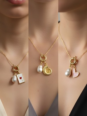 NKT Collection Pembe Kalp Deniz Kabuğu Beyaz Yonca Incili Kolye