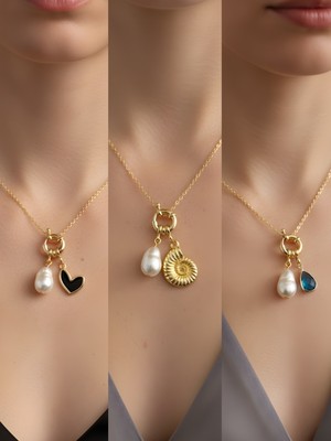 NKT Collection Turkuaz Damla Deniz Kabuğu Siyah Kalp Incili Kolye