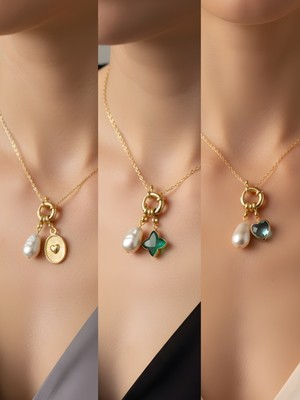 NKT Collection Turkuaz Kalp Zümrüt Yeşili Yıldız Güneş Incili Kolye