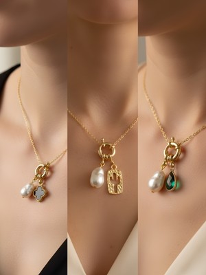 NKT Collection Zümrüt Yeşili Damla Kaktüs Siyah Yonca Incili Kolye