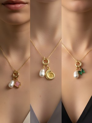 NKT Collection Zümrüt Yeşili Kelebek Deniz Kabuğu Midye Incili Kolye