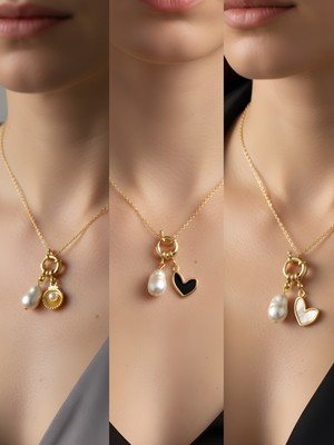 NKT Collection Siyah Kalp Beyaz Kalp Midye Incili Kolye