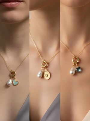 NKT Collection Turkuaz Kalp Kabartma Kalp Turkuaz Kalp Incili Kolye