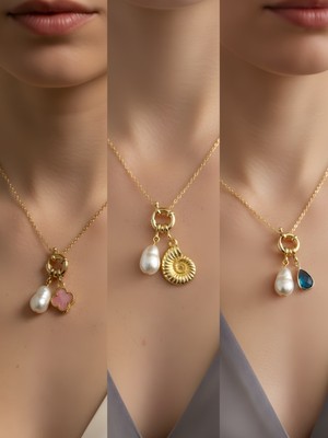 NKT Collection Turkuaz Damla Deniz Kabuğu Pembe Yonca Incili Kolye