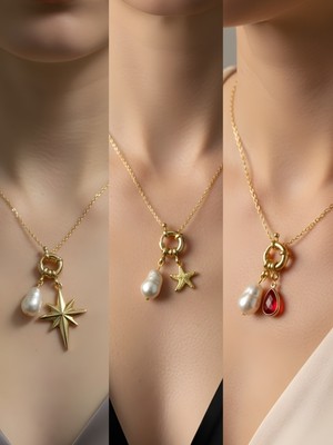 NKT Collection Kırmızı Damla Deniz Yıldızı Midye Incili Kolye