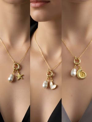 NKT Collection Deniz Kabuğu Beyaz Kalp Turkuaz Yonca Incili Kolye