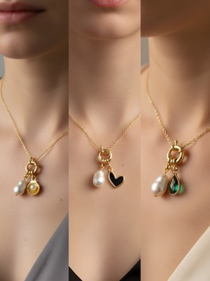 NKT Collection Zümrüt Yeşili Damla Siyah Kalp Midye Incili Kolye