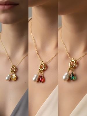 NKT Collection Kırmızı Damla Zümrüt Yeşili Damla Midye Incili Kolye