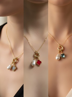 NKT Collection Turkuaz Kalp Kırmızı Yonca Siyah Yonca Incili Kolye