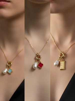 NKT Collection Külçe Altın Kırmızı Yonca Pembe Yonca Incili Kolye