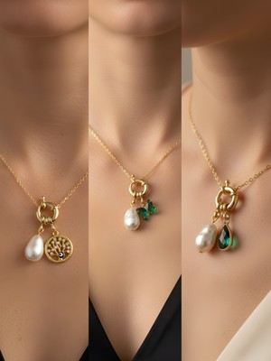 NKT Collection Zümrüt Yeşili Kelebek Zümrüt Yeşili Damla Hayat Ağacı Incili Kolye