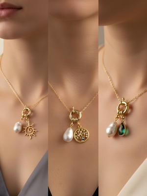 NKT Collection Zümrüt Yeşili Damla Hayat Ağacı Güneş Incili Kolye