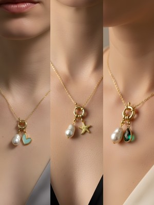 NKT Collection Zümrüt Yeşili Damla Deniz Yıldızı Turkuaz Kalp Incili Kolye