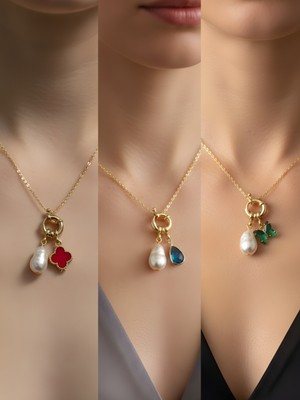 NKT Collection Zümrüt Yeşili Kelebek Turkuaz Damla Kırmızı Yonca Incili Kolye