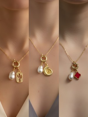 NKT Collection Deniz Kabuğu Kaktüs Siyah Yonca Incili Kolye