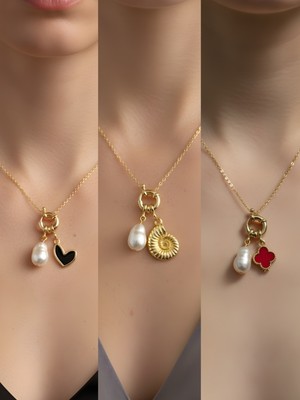 NKT Collection Deniz Kabuğu Siyah Kalp Siyah Yonca Incili Kolye