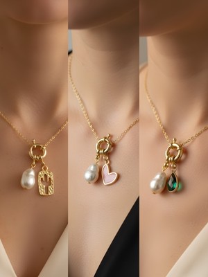 NKT Collection Zümrüt Yeşili Damla Pembe Kalp Kaktüs Incili Kolye