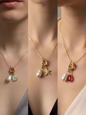 NKT Collection Kırmızı Damla Deniz Yıldızı Ay Güneş Incili Kolye