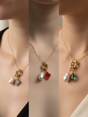 NKT Collection Zümrüt Yeşili Damla Kırmızı Yonca Siyah Yonca Incili Kolye