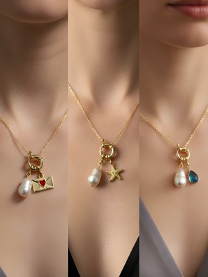 NKT Collection Turkuaz Damla Deniz Yıldızı Kalpli Zarf Incili Kolye