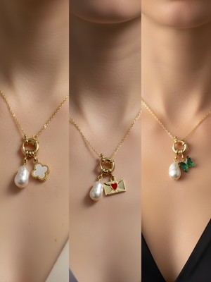 NKT Collection Zümrüt Yeşili Kelebek Kalpli Zarf Beyaz Yonca Incili Kolye