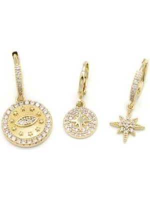 Royaleks 3'lü Taşlı Halka Küpe - Altın