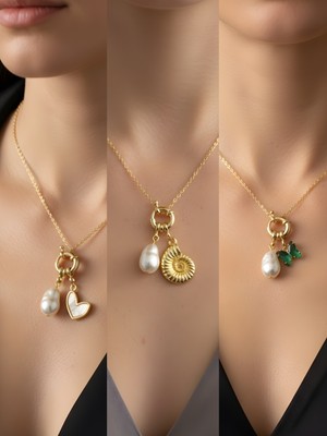 NKT Collection Zümrüt Yeşili Kelebek Deniz Kabuğu Kaktüs Incili Kolye