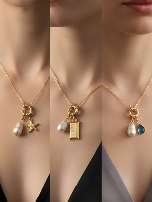 NKT Collection Turkuaz Damla Külçe Altın Deniz Yıldızı Incili Kolye