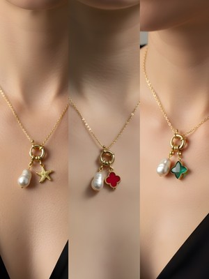 NKT Collection Zümrüt Yeşili Yıldız Kırmızı Yonca Deniz Yıldızı Incili Kolye