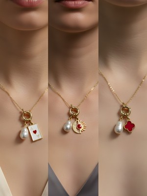 NKT Collection Kırmızı Yonca Ay Güneş Beyaz Yonca Incili Kolye