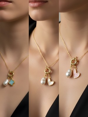 NKT Collection Pembe Kalp Beyaz Kalp Pembe Yonca Incili Kolye