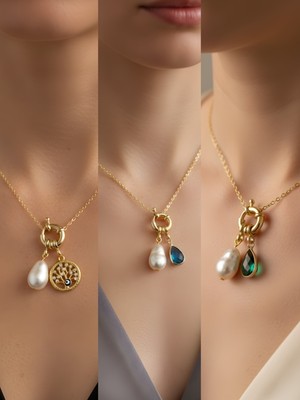 NKT Collection Zümrüt Yeşili Damla Turkuaz Damla Hayat Ağacı Incili Kolye