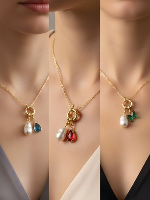 NKT Collection Kırmızı Damla Zümrüt Yeşili Kelebek Turkuaz Damla Incili Kolye