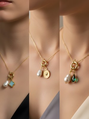 NKT Collection Zümrüt Yeşili Damla Kabartma Kalp Turkuaz Yonca Incili Kolye