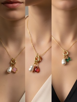 NKT Collection Kırmızı Damla Zümrüt Yeşili Kelebek Pembe Yonca Incili Kolye