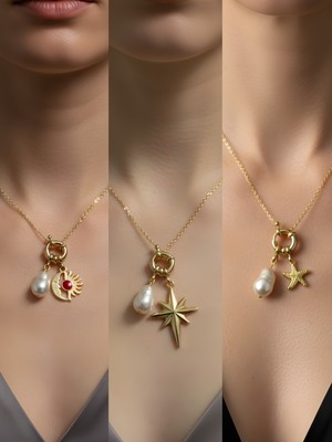 NKT Collection Deniz Yıldızı Kutup Yıldızı Turkuaz Kalp Incili Kolye