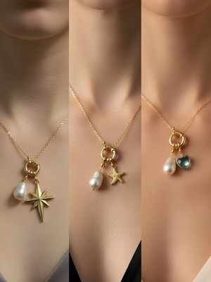 NKT Collection Turkuaz Kalp Deniz Yıldızı Kutup Yıldızı Incili Kolye