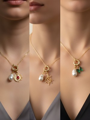 NKT Collection Zümrüt Yeşili Kelebek Güneş Turkuaz Kalp Incili Kolye