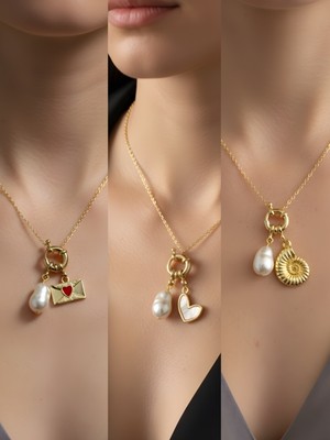 NKT Collection Deniz Kabuğu Beyaz Kalp Ay Güneş Incili Kolye