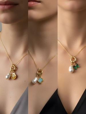 NKT Collection Zümrüt Yeşili Kelebek Turkuaz Yonca Midye Incili Kolye