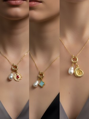 NKT Collection Deniz Kabuğu Turkuaz Yonca Turkuaz Kalp Incili Kolye