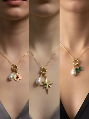 NKT Collection Zümrüt Yeşili Kelebek Kutup Yıldızı Ay Güneş Incili Kolye