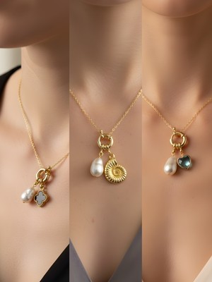 NKT Collection Turkuaz Kalp Deniz Kabuğu Siyah Yonca Incili Kolye