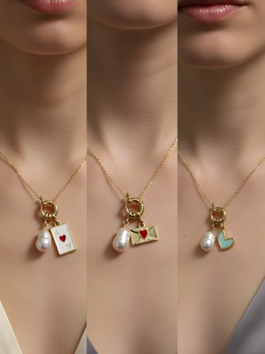 NKT Collection Kalpli Zarf Turkuaz Kalp Beyaz Yonca Incili Kolye