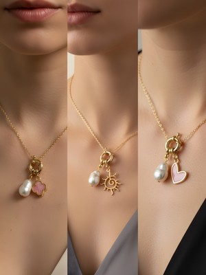 NKT Collection Güneş Pembe Kalp Pembe Yonca Incili Kolye