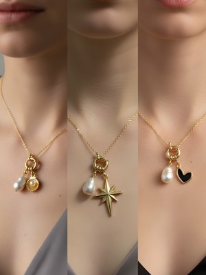 NKT Collection Siyah Kalp Midye Kutup Yıldızı Incili Kolye