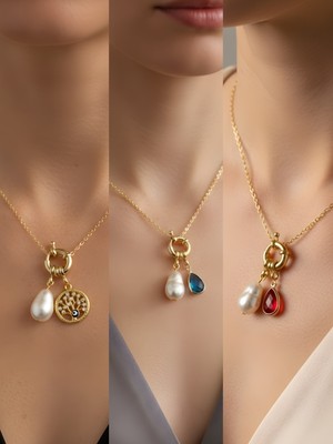 NKT Collection Kırmızı Damla Turkuaz Damla Hayat Ağacı Incili Kolye