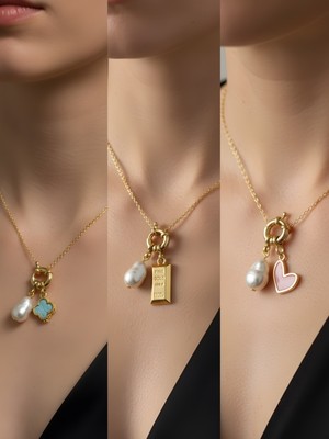 NKT Collection Pembe Kalp Külçe Altın Pembe Yonca Incili Kolye