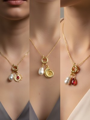 NKT Collection Kırmızı Damla Deniz Kabuğu Ay Güneş Incili Kolye